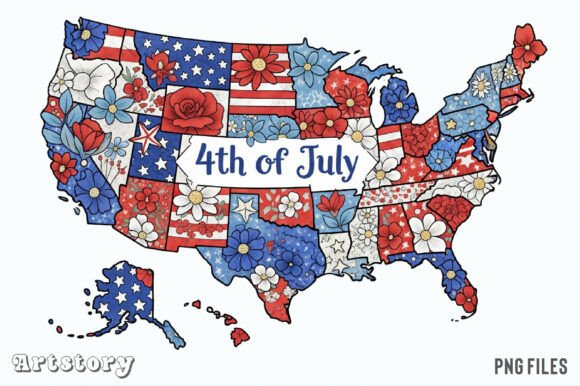 Download 4th of July Floral USA State Map Clipart - Map clipart Collection