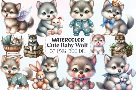 Download Watercolor Cute Baby Wolf Clipart - Premium Bundle
