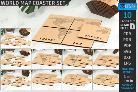 Download World Map Coasters Laser Cut Bundle |CNC - Premium Resources